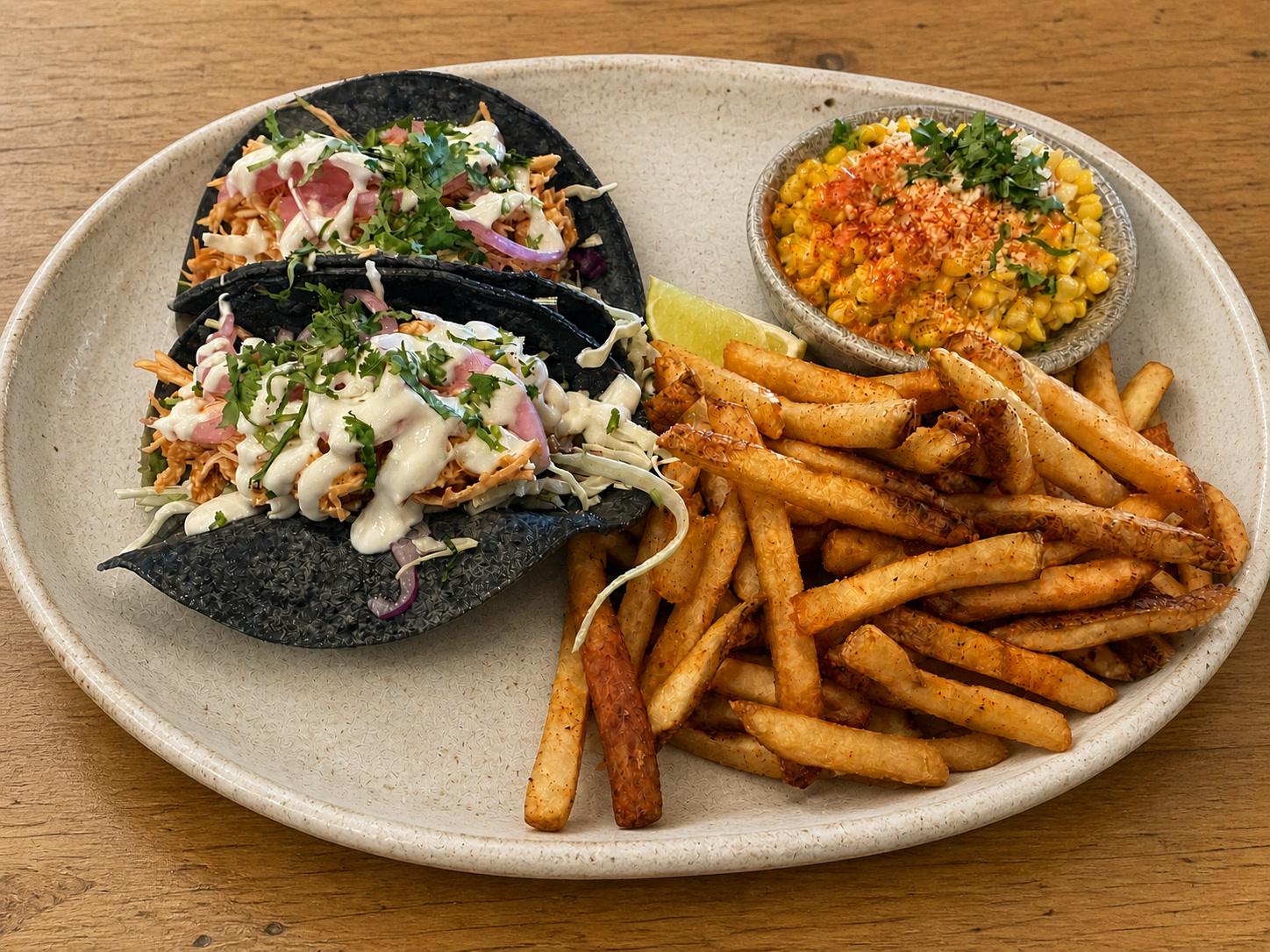 Chicken tinga tacos with street corn