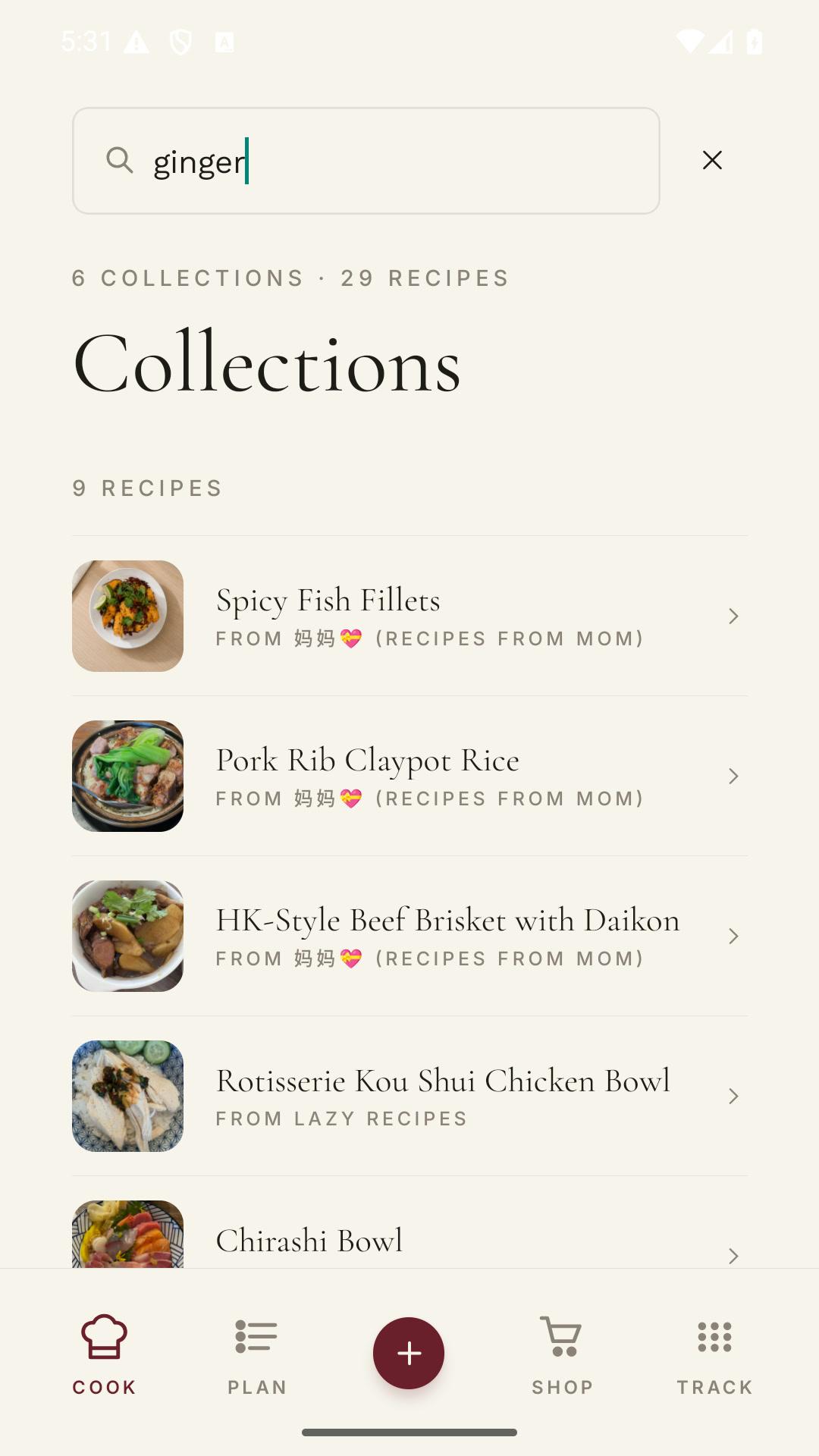 Saved recipes organized in Shio