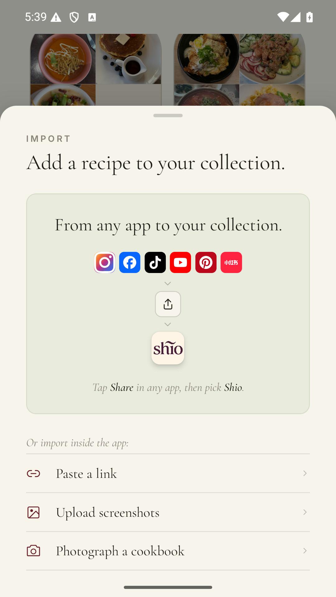 Recipe import choices in the Shio app