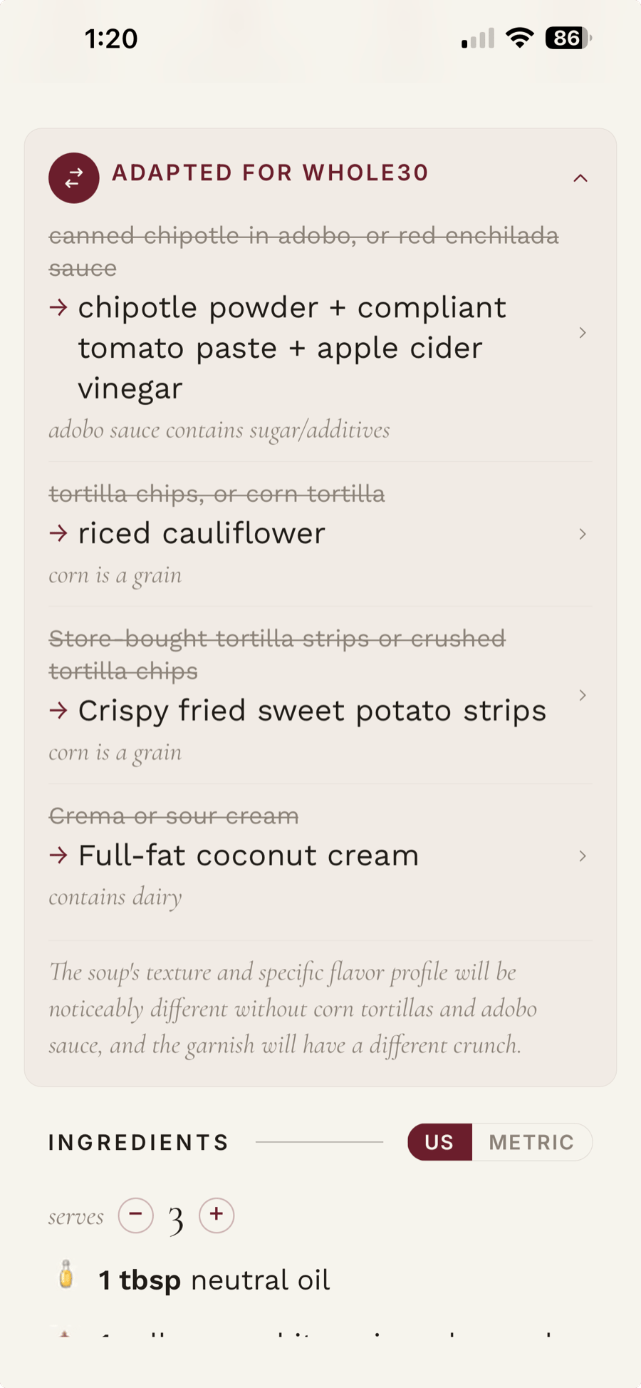 Whole30 recipe adaptation in Shio showing original ingredients and proposed substitutions