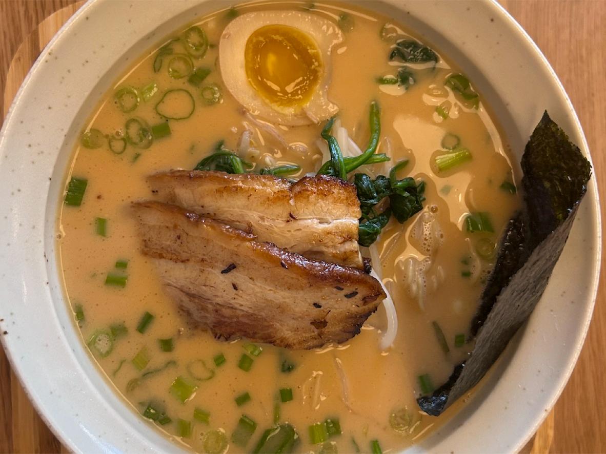 Shortcut tonkotsu ramen with egg and pork