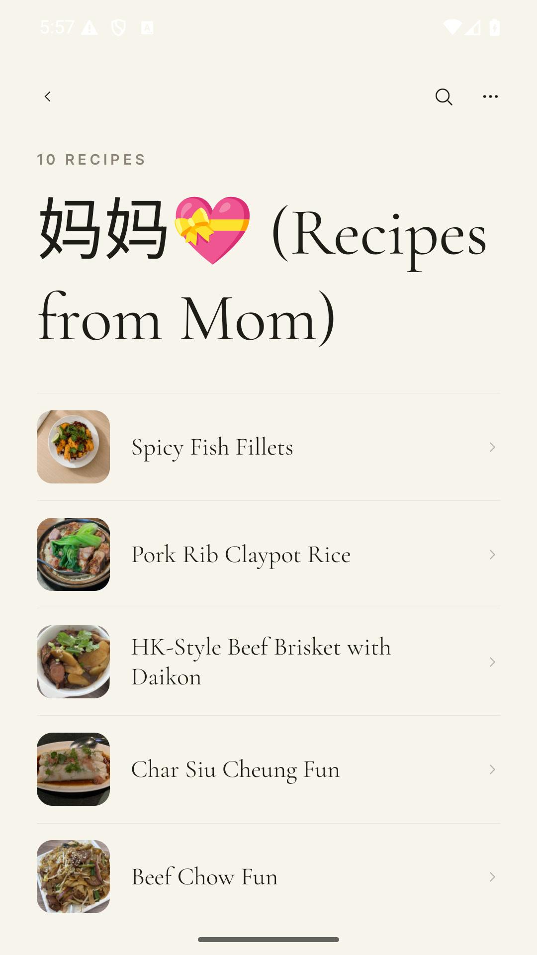 A Shio collection called Recipes from Mom showing translated Chinese recipes with food photography