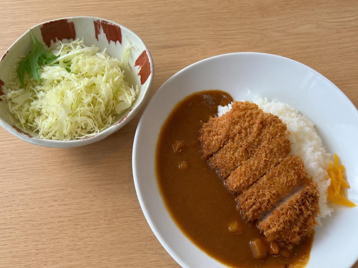 Sliced breaded pork cutlet with Japanese curry, rice, and shredded cabbage
