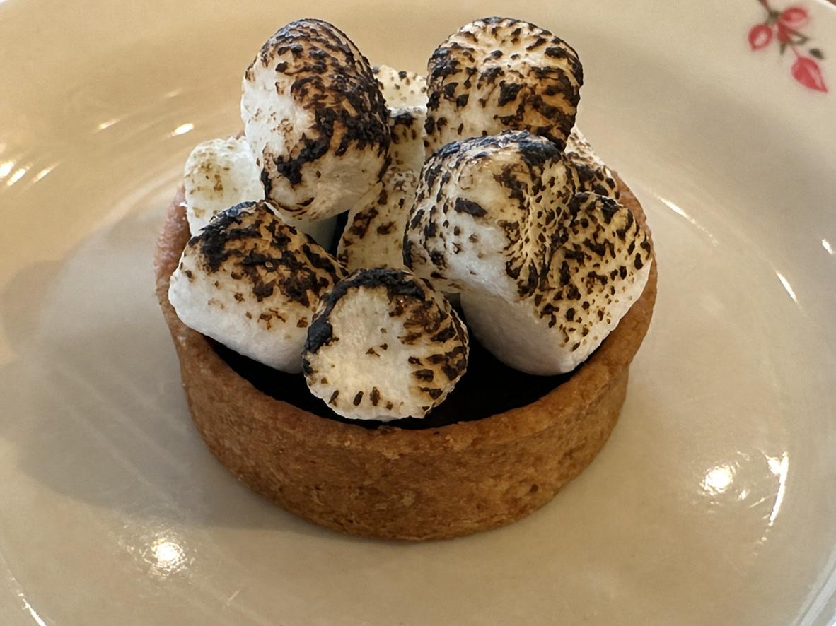 Mini chocolate tart topped with toasted marshmallows on a floral plate
