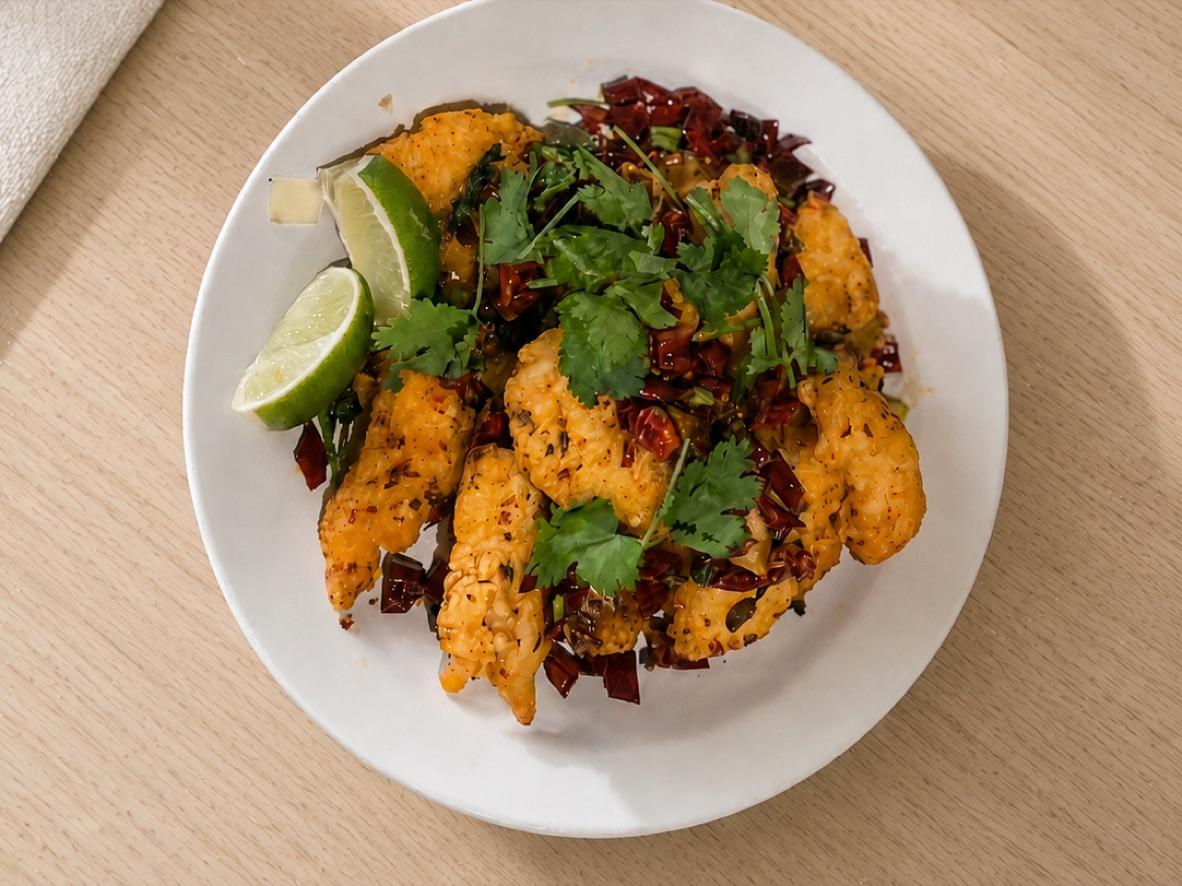 Crispy spicy fish fillets with dried chiles, cilantro, and lime wedges
